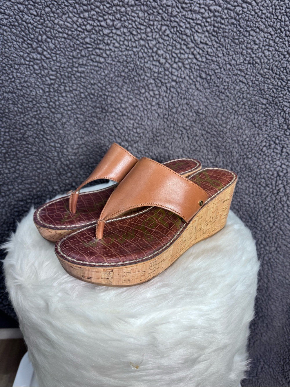 Sam Edelman Women’s Tan Cork Wedge Thong Sandals